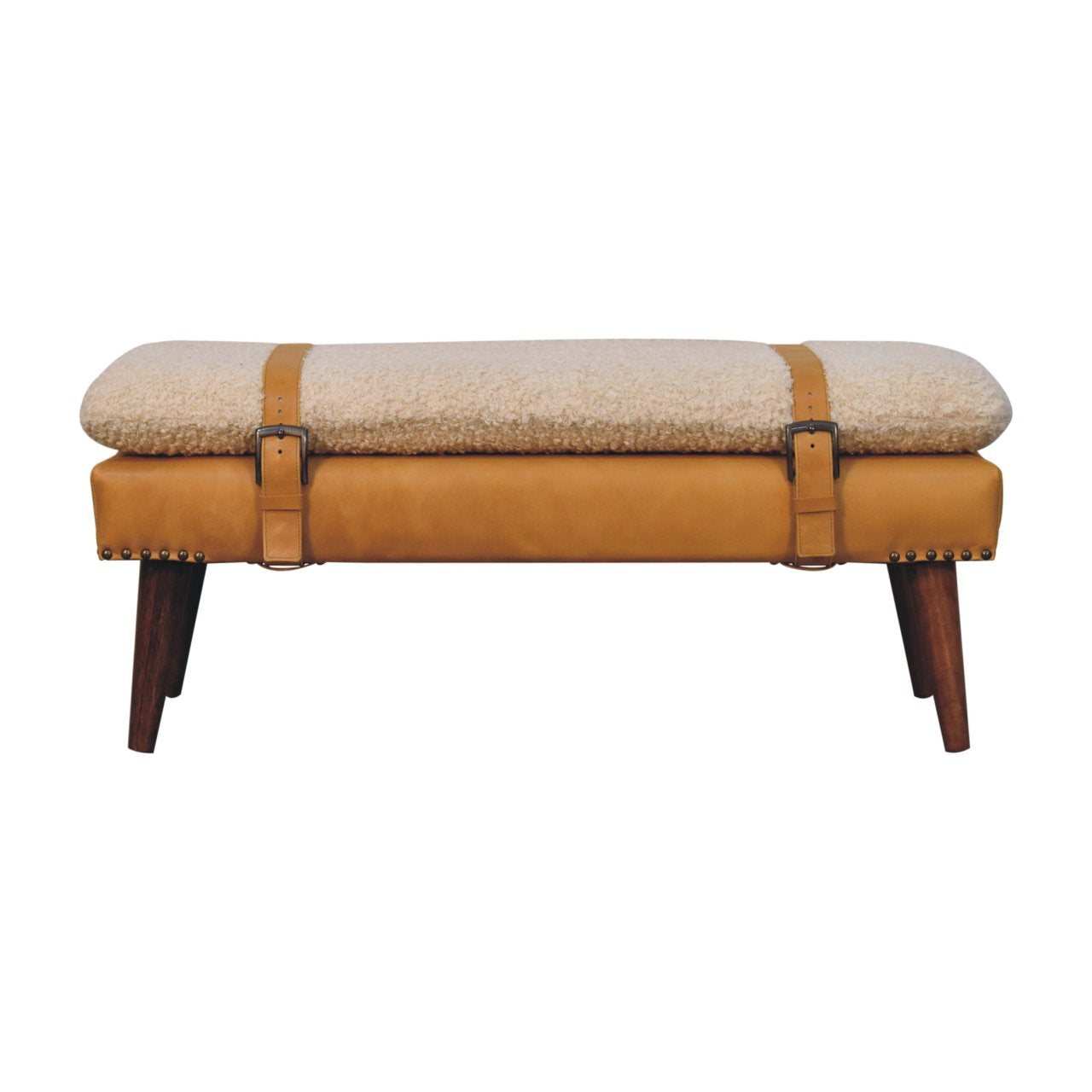 WillowStone Boucle x Tan Leather Bench