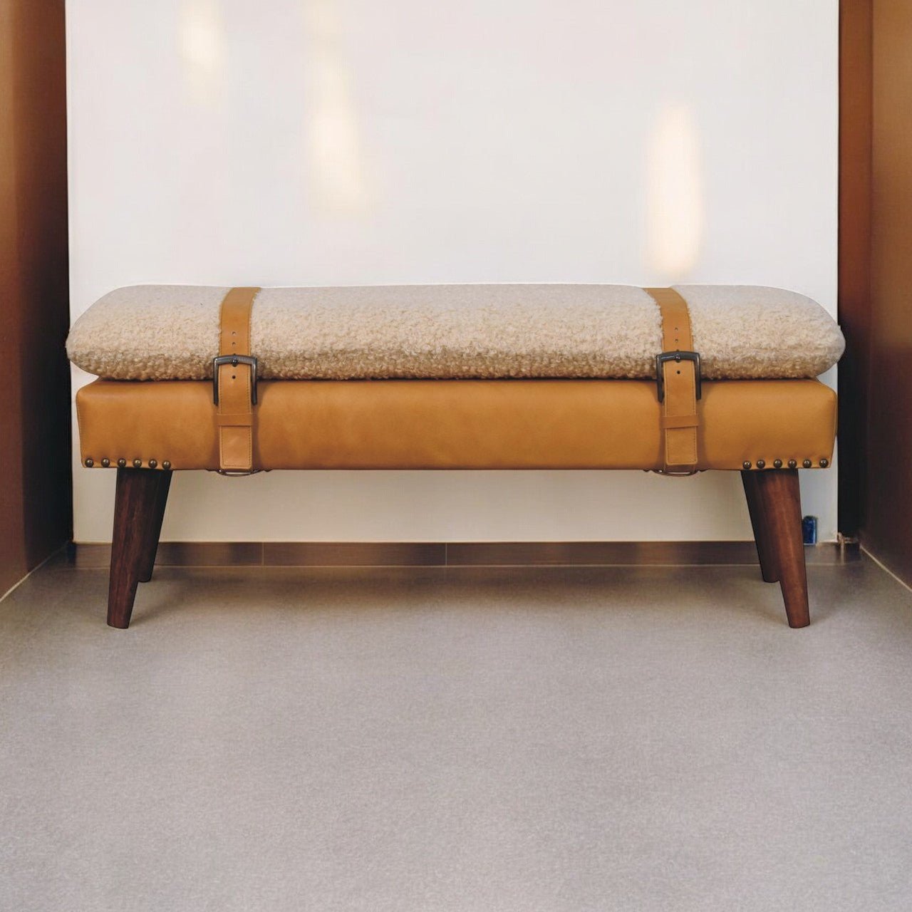WillowStone Boucle x Tan Leather Bench