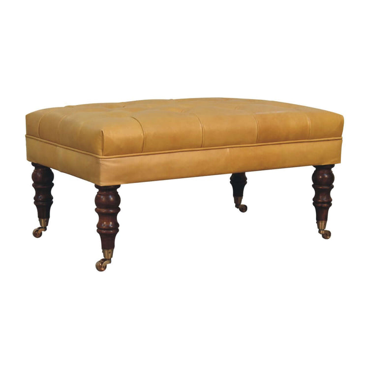 Honey Caramel Buffalo Ash Black Leather Ottoman – Angled View