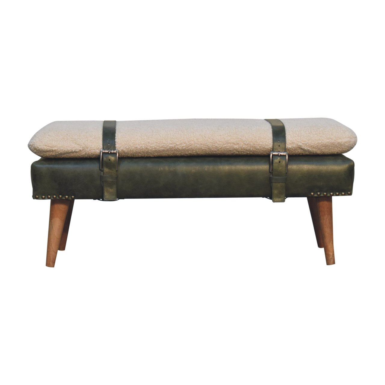 WillowStone Boucl�� Buffalo Hide Olive Green Leather Bench