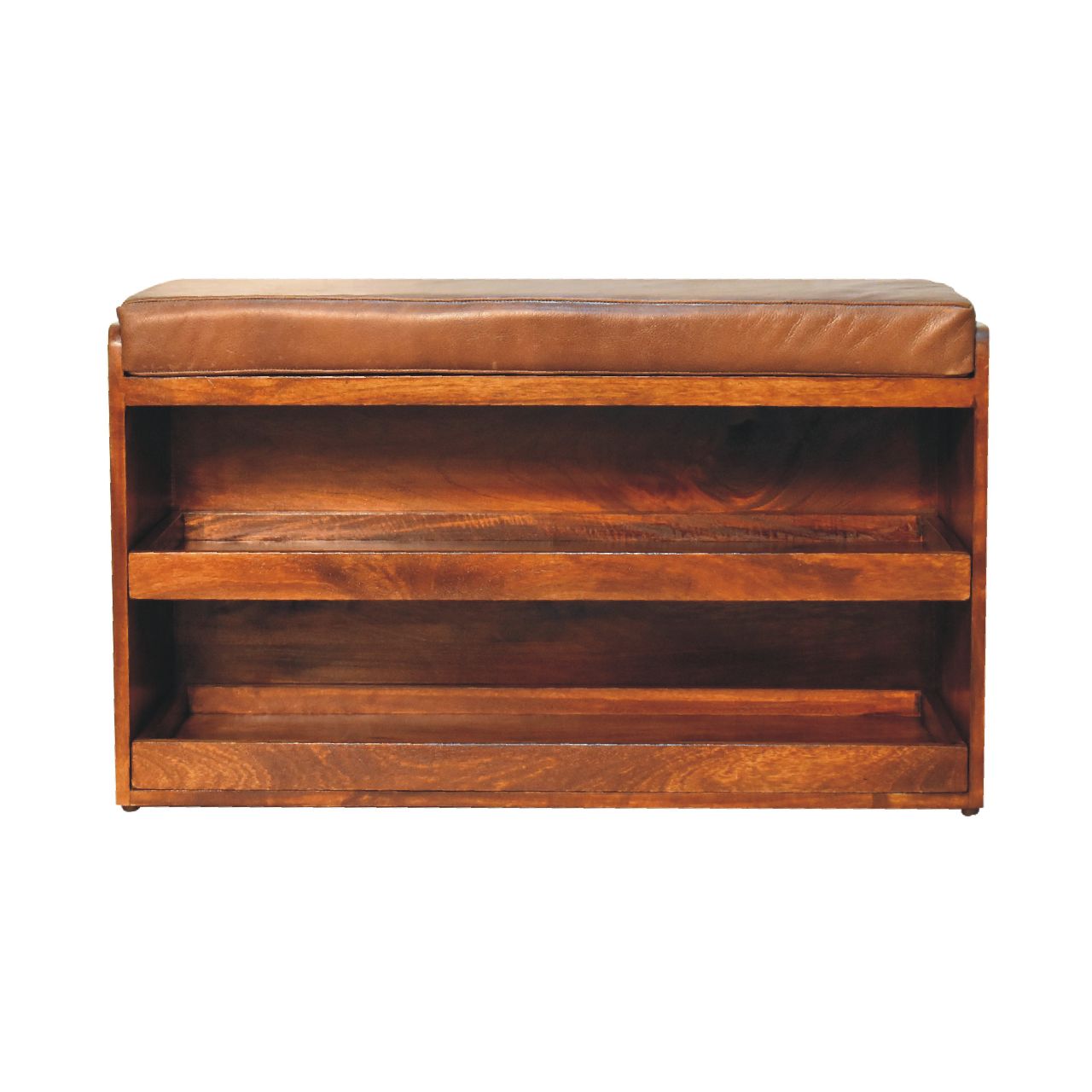 WillowStone Buffalo Hide Pull out Chestnut Shoe Storage Bench – handcrafted solid wood furniture by WillowStone