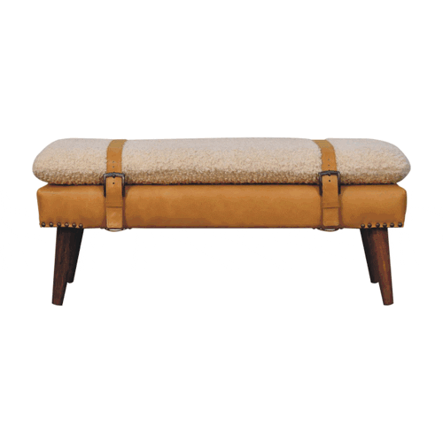WillowStone Boucle x Tan Leather Bench
