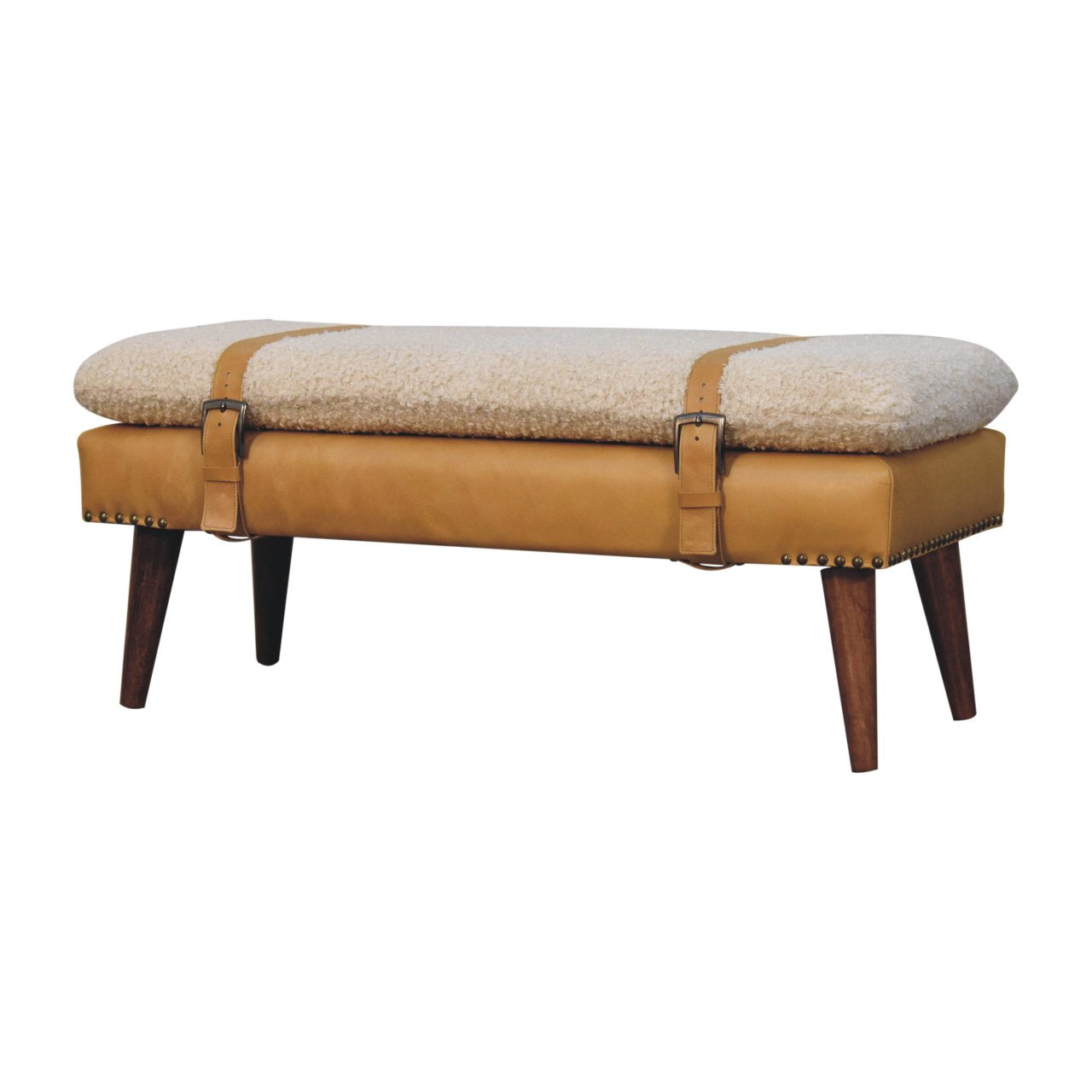 WillowStone Boucle x Tan Leather Bench