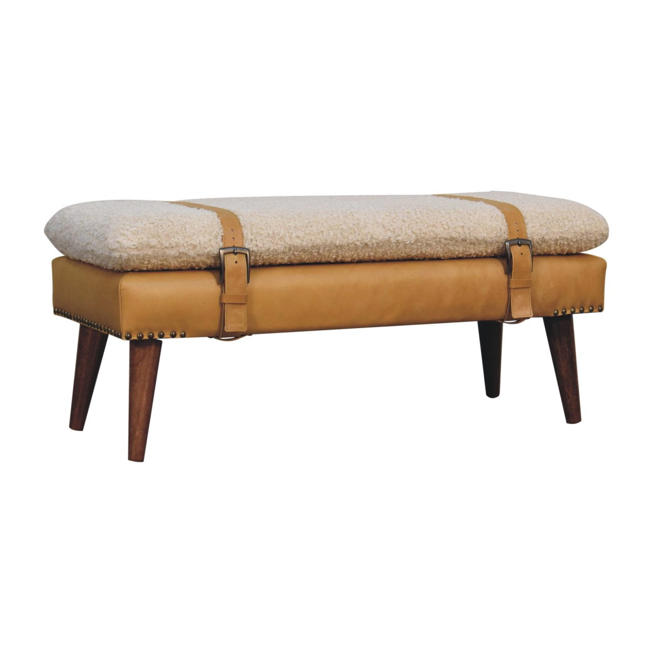 WillowStone Boucle x Tan Leather Bench