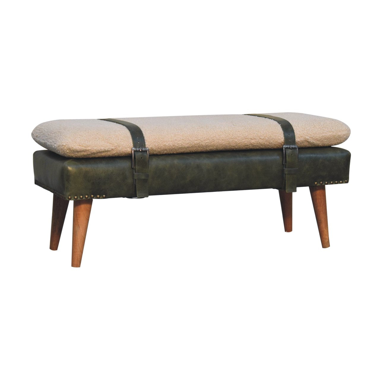 WillowStone Boucl�� Buffalo Hide Olive Green Leather Bench