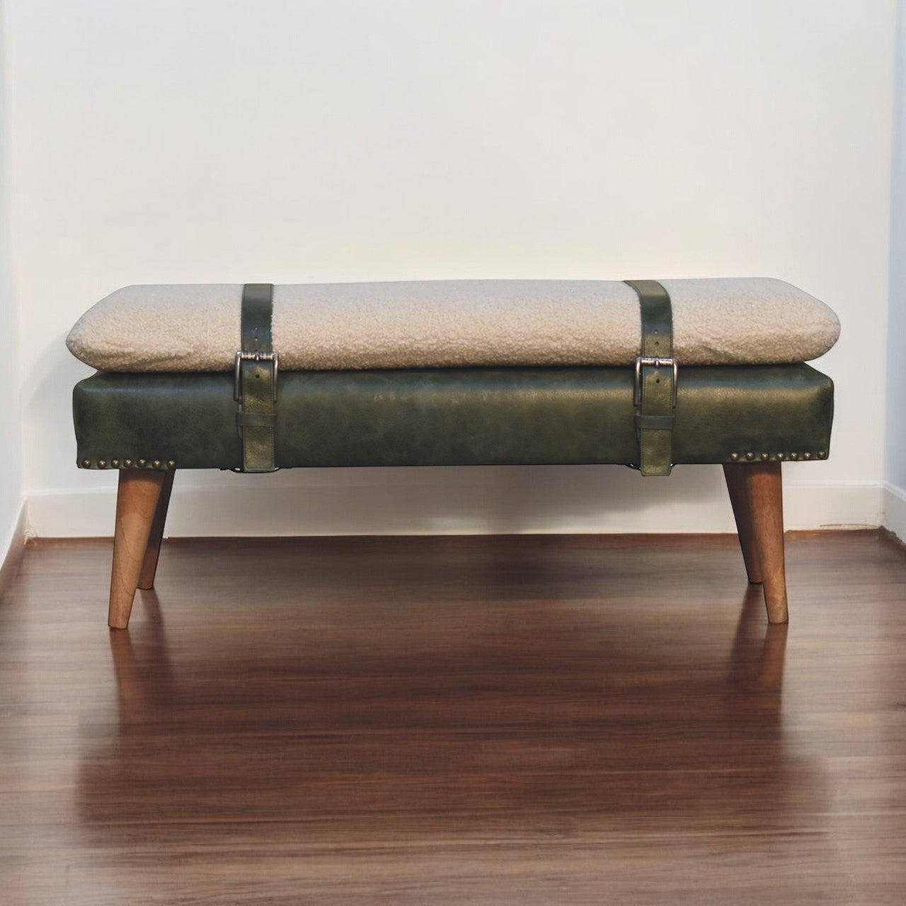 WillowStone Boucl�� Buffalo Hide Olive Green Leather Bench