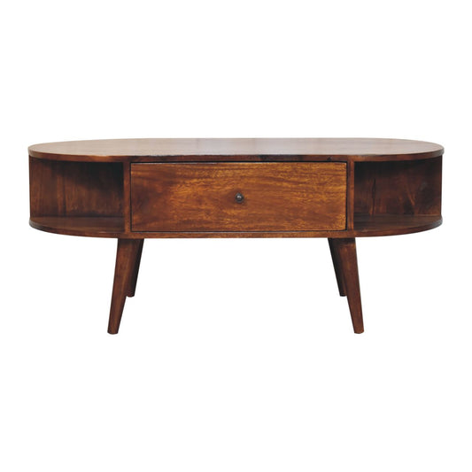 WillowStone Chestnut Oval Coffee Table with 1 Drawer – handcrafted solid wood furniture by WillowStone