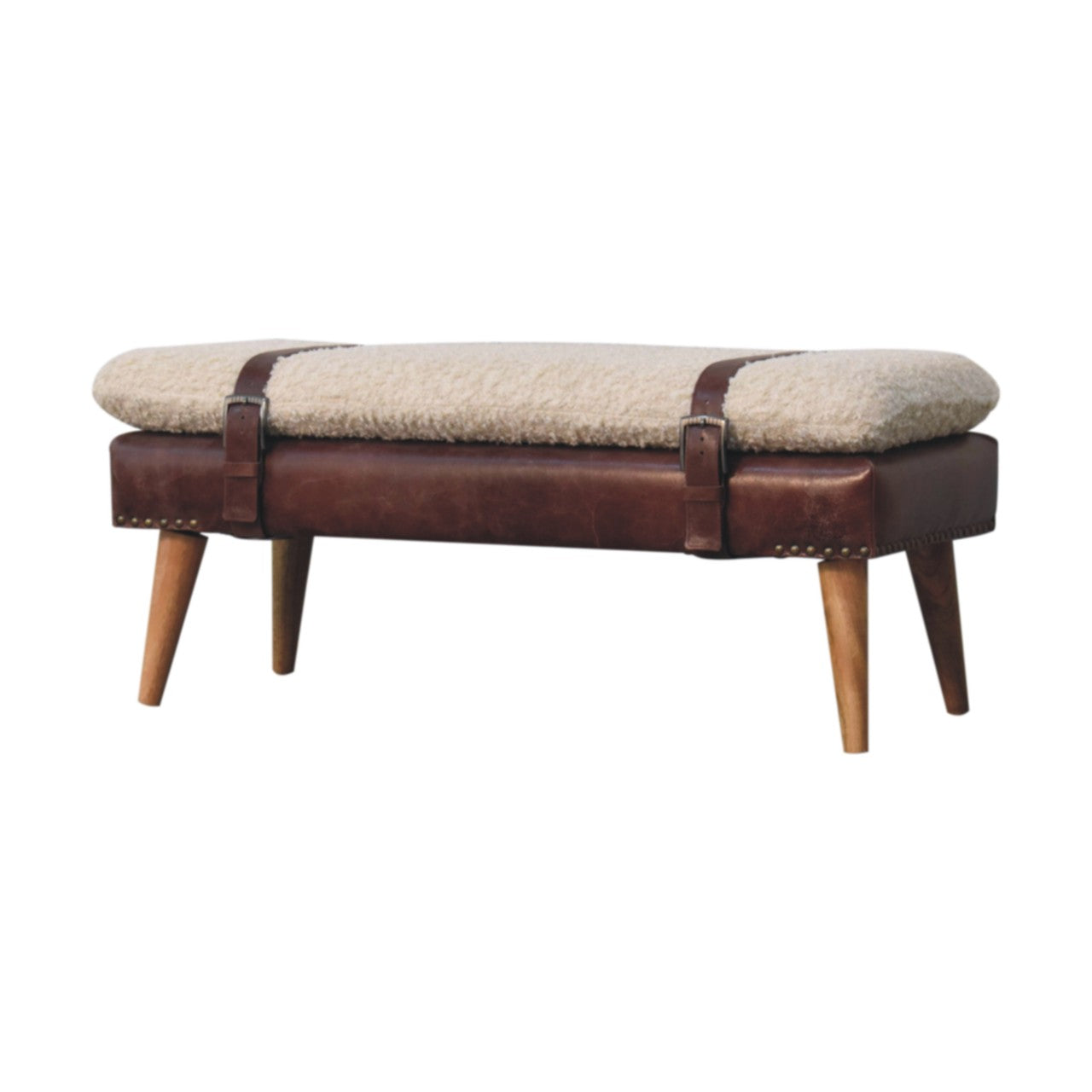WillowStone Boucle x Brown Leather Bench