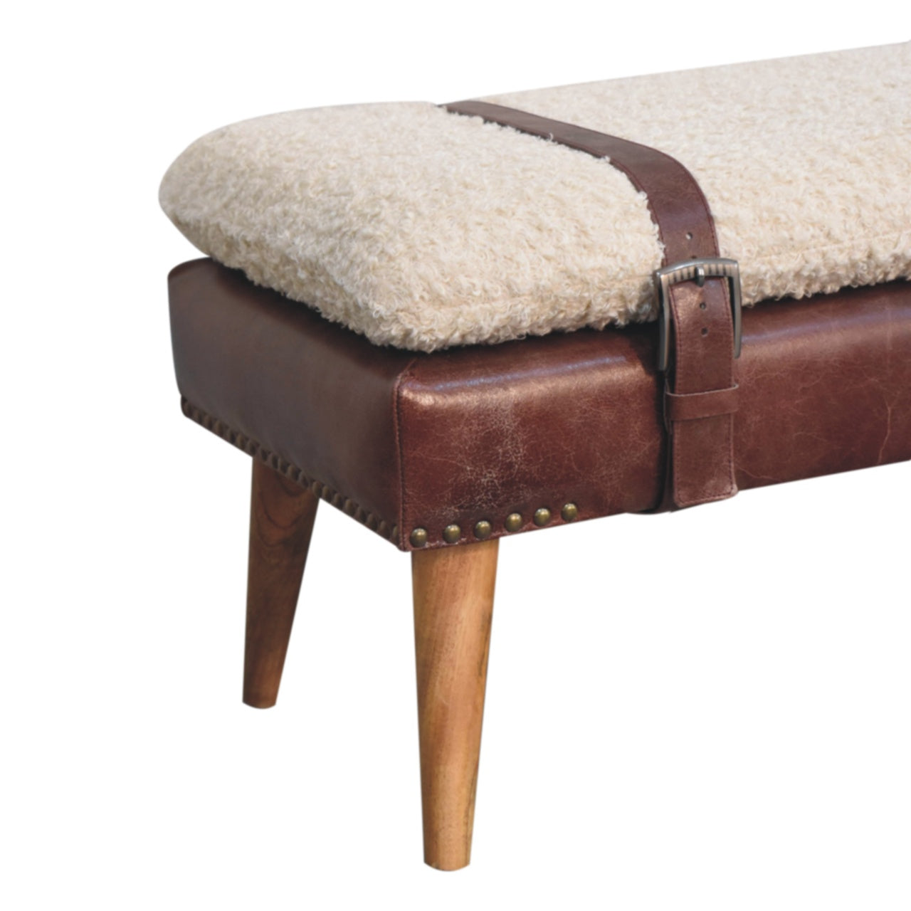 WillowStone Boucle x Brown Leather Bench
