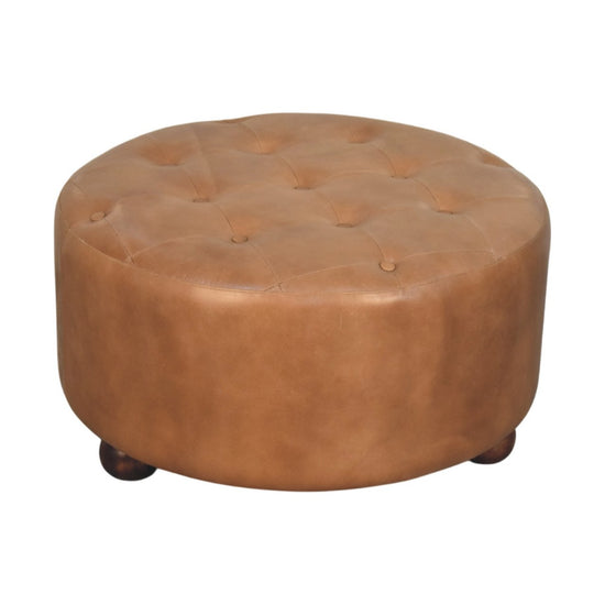 Leather Buffalo Hide Round Ottoman - Brown Finish