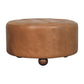 Leather Buffalo Hide Round Ottoman - Brown Finish
